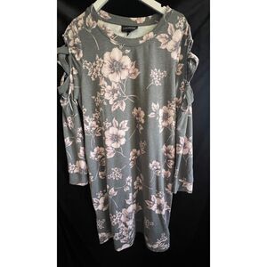 Lane Bryant Floral Knit Midi Dress Gray Pink Cage Sleeves Plus Size 14/16